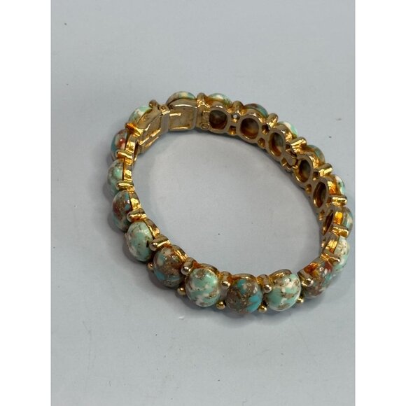 MCM HAR Designer Signed Turquoise Hinged Cuff Bracelet 6" Vintage Gold Tone Jewe - Picture 6 of 6